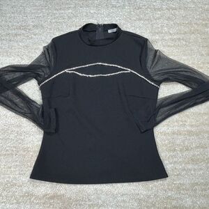 real Top Womens Black Sheer Mesh Sleeve Rhinestone Trim Mock Neck Evening Party